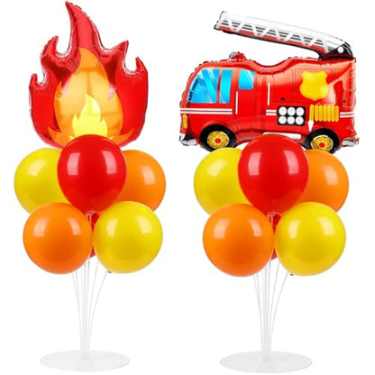 Fire Party Balloons Stand Kit 2 Sets with 2 Fire Truck Foil Balloons Fireman Firefighter Themed Party Balloon Centerpiece for Tables for Firefighter Rescue Birthday Party Decorations - style: Fire