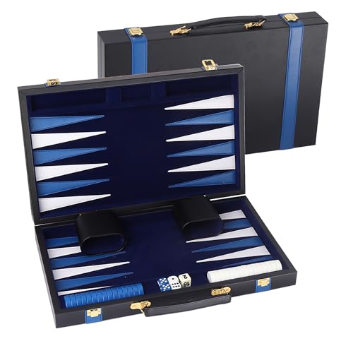 GSE Premium Leather Backgammon Board Game Set, Black&Blue, Medium | Premium Leather, Travel Folding Board, Classic Game Set, Leather Case Included - color: Leather-black&blue, size: Medium