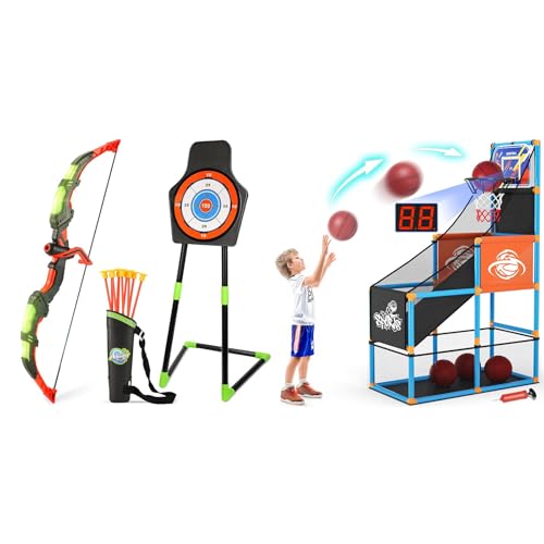 Arcade Basketball & Archery Toy Set for Kids Basketball Game Set with Electronic Scoreboard Bow and Arrow Set with Standing Target & Quiver Christmas Birthday Gift for Boys & Girls Aged 3-12