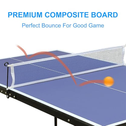 Mid Size Foldable Ping Pong Table with Net, 54" Portable Table Tennis Table Game Set with 2 Paddles & Balls, Compact Indoor Folding Table Tennis Table for Home Office Game Room