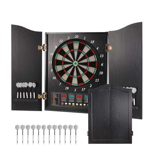 Electronic Dartboard Cabinet Set with LED Digital Scoreboard, 27 Games & 243 Variations for 16 Players, Soft Tip Darts with Wall Protector for Home, Bar & Game Room - color: Black