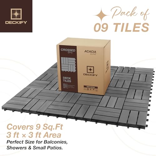9Pcs Premium Acacia Wood Interlocking Patio Deck Tiles, 12 x 12 x 0.9 Inch Outdoor Flooring, Waterproof for All-Weather Use – Crossed, Gray