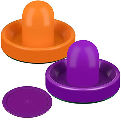 ONE250 Air Hockey Pushers and Red Air Hockey Pucks, Goal Handles Paddles Replacement Accessories for Game Tables (4 Striker, 4 Puck Pack) - color: Orange & Purple