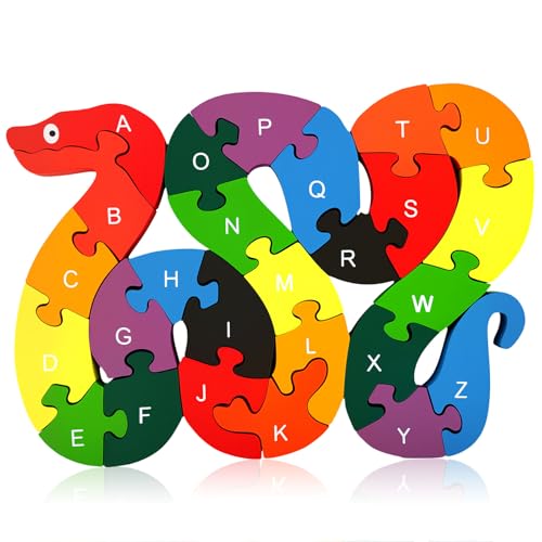 LovesTown Wooden Puzzles for Kids, Double Sided Snake Jigsaw with Alphabet & Numbers, Montessori Educational Toy for Toddlers, Chunky Animal Gift - size: Medium, style: Snake