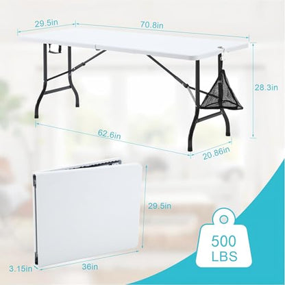 VECELO 6 ft Picini Table with Thickened Top | Removable Mesh Bag | Strong Side Support, 500lbs Weight Capacity Folding Table, Indoor & Outdoor, with Carrying Handle,White - color: White