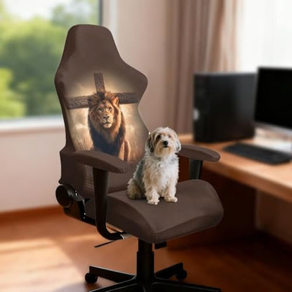 Suobstales Lion Cross Pattern Gaming Chair Cover Cat Scratch Proof Gaming Chair Slipcovers with Armrest, Stretchable Waterproof Office Desk Racing Chair Cover, Universal Fit for Computer Gamer Chairs - color: Lion Cross