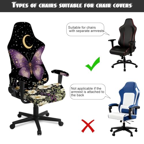 Butterfly Daisy Print Gaming Chair Covers Slipcovers 4Pcs with Armrest Cover Moon Star Print Gamer Chair Cover Set 4Pc/Set Easy to Install Home Decorations - color: Black and Multi - Butterfly Daisy Moon Star