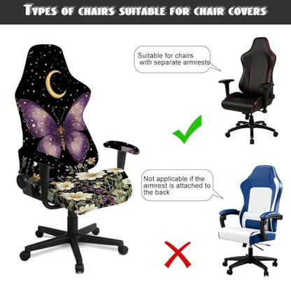 Butterfly Daisy Print Gaming Chair Covers Slipcovers 4Pcs with Armrest Cover Moon Star Print Gamer Chair Cover Set 4Pc/Set Easy to Install Home Decorations - color: Black and Multi - Butterfly Daisy Moon Star