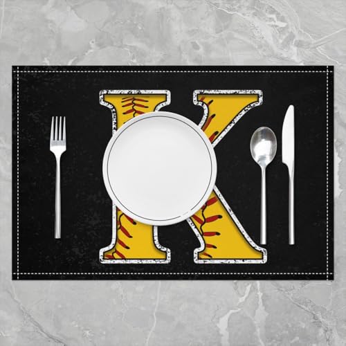 Erosebridal Initial Placemats 12x18 inch Set of 4 Boys Monogrammed Place Mats | Yellow Letter K Table Place Mats Softball Accessories Oil Proof Washable Placemats - color: Yellow K