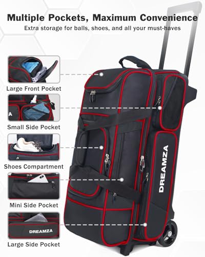 3 Ball Bowling Bags with Wheels & Shoe Pocket, Premium Bowling Ball Bag 3 Ball Roller, Effortless-Rolling 3 Ball Bowling Bag w/Multi-Storage Pockets & Telescopic Handle Extends to 40'' - color: Red