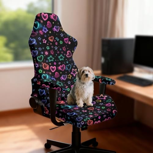 Neon Heart Love Print Set of 4 Gaming Chair Covers Slipcovers with Armrest Covers Computer Chair Cover Soft Stretch Gamer Chair Cover Cat Scratch Proof - color: Neon Heart Love