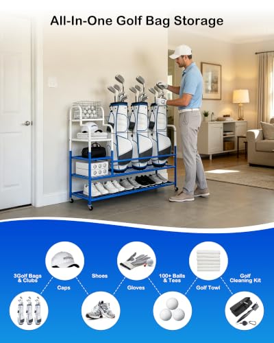 Golf Bag Storage Garage Organizer for 3 Bags, Golf Storage Rack with Wheels | 50% More Space Multi-Zone, All-In-One Compact 5-tier Upscale Sporty Heavy-Duty Rack, 4 360° Casters,Movable Basket,Golf Gifts - size: 3 Golf Bag Rack丨50.4"(L)x15.8(W)"x44.6"(H)