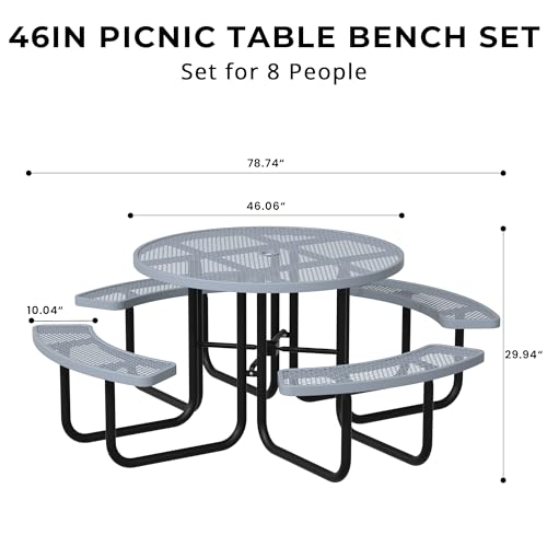 All-Weather Round Outdoor Picnic Table, Commercial Picnic Table Bench Set with Umbrella Hole, Thermoplastic Coated Metal Dining Tables for School, Stores, Park, Patio, Yard, Grey - color: Grey