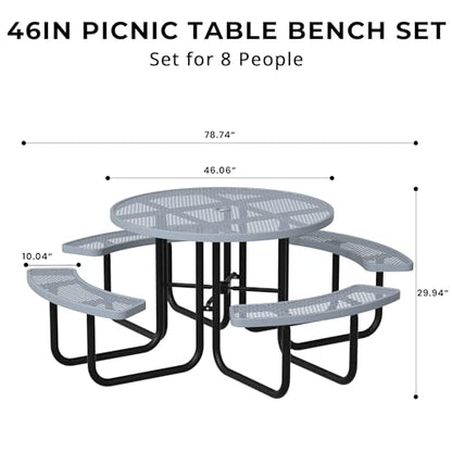 All-Weather Round Outdoor Picnic Table, Commercial Picnic Table Bench Set with Umbrella Hole, Thermoplastic Coated Metal Dining Tables for School, Stores, Park, Patio, Yard, Grey - color: Grey