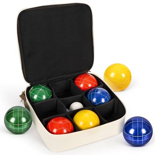 ropoda 107mm Bocce Ball Set Regulation Size and Weight with 8 Resin Bocce Balls, Resin Bocci Balls for Professional Tournament Competition, 60mm Pallino, Nine-Grid Shockproof Carrying Bag(2-8 Players) - size: 107mm