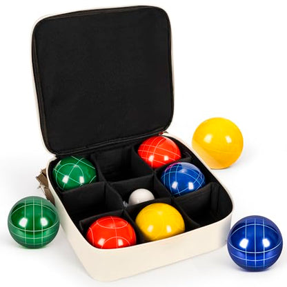 ropoda 107mm Bocce Ball Set Regulation Size and Weight with 8 Resin Bocce Balls, Resin Bocci Balls for Professional Tournament Competition, 60mm Pallino, Nine-Grid Shockproof Carrying Bag(2-8 Players) - size: 107mm