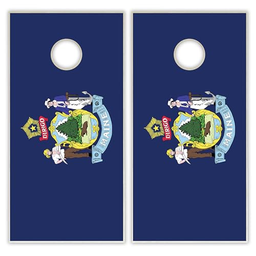 State Flag Solid Wood Regulation Cornhole Set 4 Feet x 2 Feet Includes Set of 8 Bags and Carrying Case with Optional LED Lights and Lamination - style: Maine