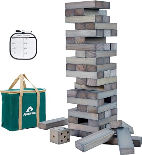ApudArmis 60 PCS Giant Tumble Tower Stack to 5Ft, Pine Wooden Stacking Timber Game with 1 Dice Set - Classic Block Giant Outdoor Game for Teens Adults Family (Gray) - color: Gray, size: L-Stack to 5 FT