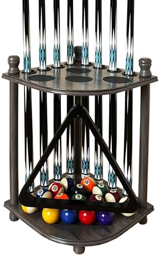Pool Cue Rack Hold up to 8 Sticks & Billiard Accessories. Floor Stand Pool Cue Stick Holder Made of 100% Solid Hardwood.(GREY) - color: GREY