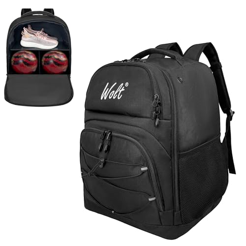 WOLT Bowling Ball Bag,2 Ball Bowling Backpack with Protective Foam Padded & Shoe Compartment Fits Up to Mens Size 16 - color: Black