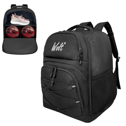 WOLT Bowling Ball Bag,2 Ball Bowling Backpack with Protective Foam Padded & Shoe Compartment Fits Up to Mens Size 16 - color: Black
