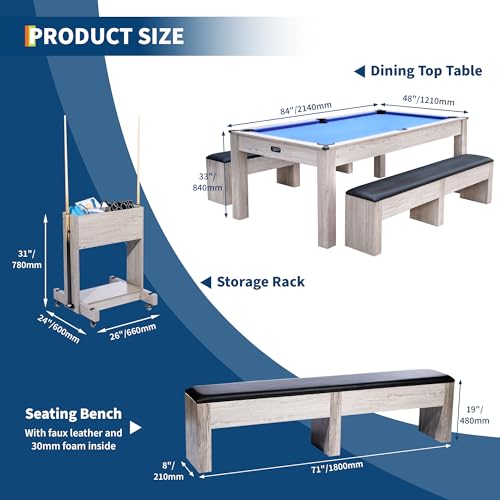 7FT 3-in-1 Pool Table - Convertible Billiard, Dining Table & Ping Pong | Includes Rolling Storage Cart, Cue Sticks, Balls, Table Tennis Set | Space-Saving Game Table for Home & Game Rooms - color: Blue
