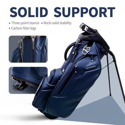 Luxury Faux Leather Golf Stand Bag, 4-Way Full-Length Divider Golf Bag with Carbon Fiber Stand, Cooler Pocket, Ergonomic Straps, Magnetic Pocket, Golf Club Bag with Rain Hood for Men/Women - color: Navy