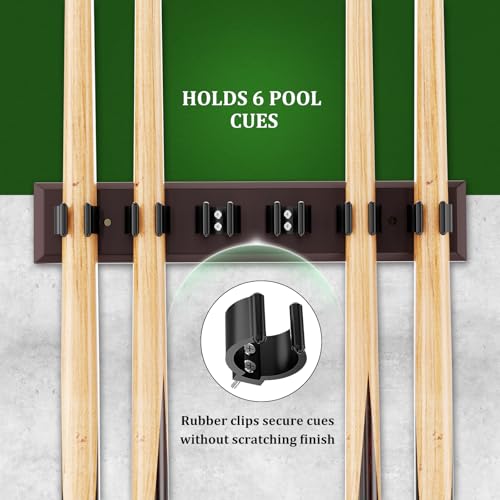 Wall Mount Pool Stick Holder, Bamboo Billiards Cue wall Rack for 6 Cues and Pool Table Accessories Storage Equipment Organizer, Dark Brown