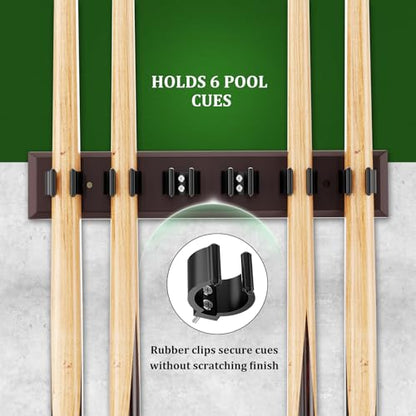 Wall Mount Pool Stick Holder, Bamboo Billiards Cue wall Rack for 6 Cues and Pool Table Accessories Storage Equipment Organizer, Dark Brown
