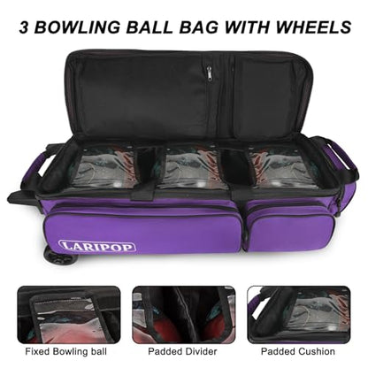 LARIPOP 3 Ball Bowling Bag with Wheels and Shoe Compartment, Rolling Bowling Bag for 3 Balls, Heavy Duty Bowling Roller Bag with Retractable Handle for Men Women - color: Purple
