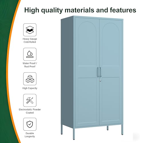 Lockable Metal Wardrobe Closet with Hanging Rod and 3 Adjustable Shelves,67" Metal Storage Cabinet with 2 Doors,Steel Armoire Wardrobe Closet for Bedroom Living Room Cloak Room (Blue) - color: Blue, style: 67"H-Wardrobe-DY
