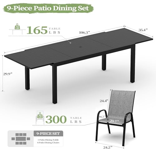 PIZZELLO 9 Pieces Outdoor Dining Set, 106" Aluminum Extendable Patio Dining Table w/ 8Pcs Stackable Textilene Chairs, All Weather Outdoor Table and Chairs Sets for Backyard, Garden, Deck and Poolside - size: 106"Table + 8 Chairs