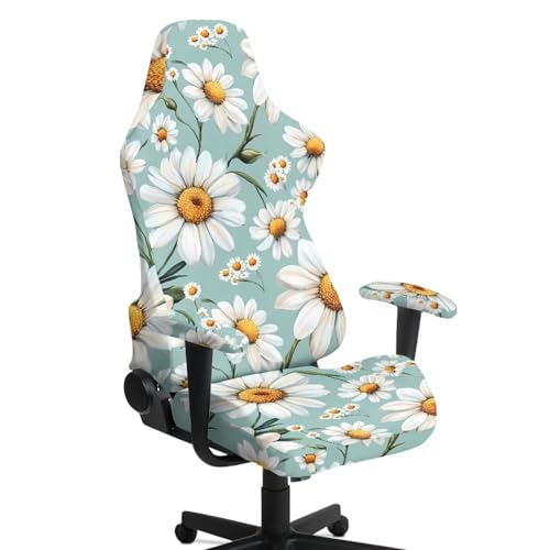 Suobstales Green Daisy Flower Pattern Stretch Gaming Chair Cover with Armrest Cover, Soft Computer Chair Cover Dust Protection Rotating Desk Chair Protector Cover for Office Computer Racing Seat - color: Green Daisy Flower