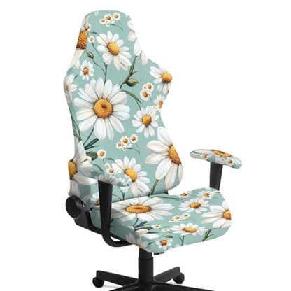 Suobstales Green Daisy Flower Pattern Stretch Gaming Chair Cover with Armrest Cover, Soft Computer Chair Cover Dust Protection Rotating Desk Chair Protector Cover for Office Computer Racing Seat - color: Green Daisy Flower