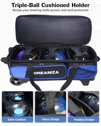 3 Ball Bowling Bags with Wheels & Shoe Pocket, Premium Bowling Ball Bag 3 Ball Roller, Effortless-Rolling 3 Ball Bowling Bag w/Multi-Storage Pockets & Telescopic Handle Extends to 40'' - color: Blue