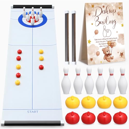 Capoda Tabletop Curling and Bowling Games Baby Shower Game Set Include 8 Curling 6 Bowling 1 Mat 2 Magnetic Strip for Indoor Birthday Bridal Shower Gender Reveal Table Decoration Supplies(Brown Bear) - style: Brown Bear