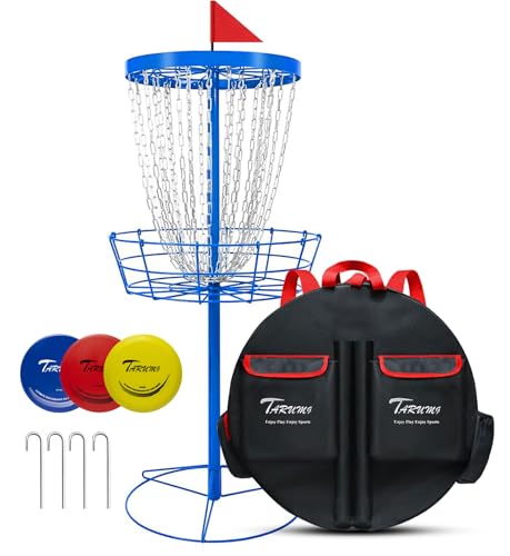 TARUMG Disc Golf Basket - Portable Disc Golf Target with Heavy Duty 24-Chains Come with Transit Bag and 3pcs Disc Golf Discs, Ground Stake -Suitable for Players of All Levels - Multi Color Available - style: Plus Blue