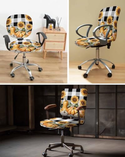 Savannan Office Chair Cover, Thanksgiving Orange Pumpkin Fall Sunflower Protective Stretch Elastic Universal Cover for Desk Task Chair,Computer Rotating Chair 1 Pcs Black White Buffalo Plaid