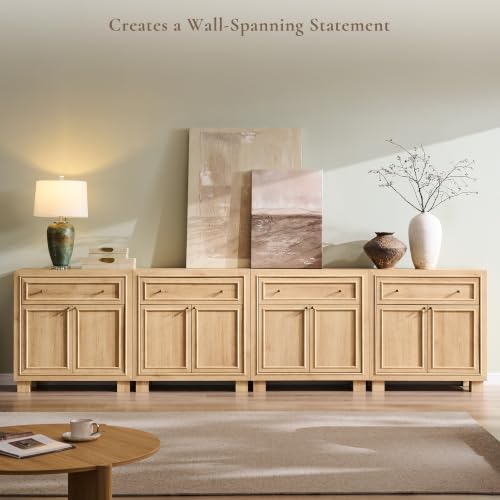 ACCOHOHO Modern Farmhouse Buffet Cabinet, 126" Sideboard Credenza, Modular Storage Cabinet with Framed Panel Fronts, Adjustable Shelves & Dual Base Design, Natural Oak - color: Natural Oak, size: 4 Piece