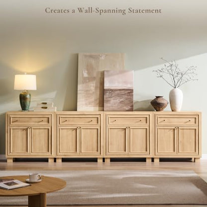 ACCOHOHO Modern Farmhouse Buffet Cabinet, 126" Sideboard Credenza, Modular Storage Cabinet with Framed Panel Fronts, Adjustable Shelves & Dual Base Design, Natural Oak - color: Natural Oak, size: 4 Piece