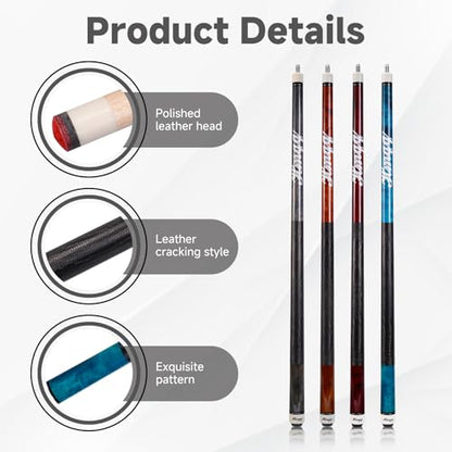 HMQQ Maple Pool Cue Sticks 4-Pack, 58" Billiard Cues in 18/19/20/21oz, Solid Maple Wood Pool Sticks for Home Bar Game Room – Durable, Smooth Grip, Multiple Color Options