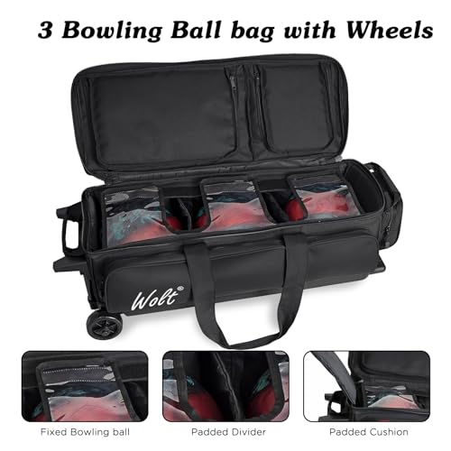 WOLT 3 Ball Bowling Bags with Wheels,Bowling Ball Bag 3 Ball Roller with Separate Shoe Compartment and Accessory Pocket, Retractable Handle Extends to 38’’ - color: black