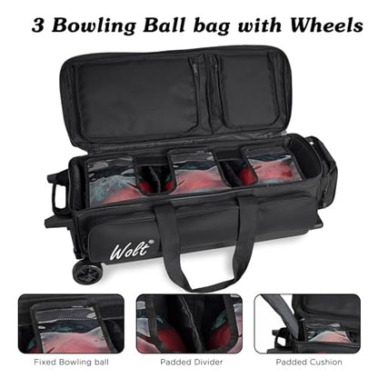 WOLT 3 Ball Bowling Bags with Wheels,Bowling Ball Bag 3 Ball Roller with Separate Shoe Compartment and Accessory Pocket, Retractable Handle Extends to 38’’ - color: black
