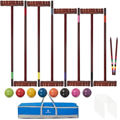 SpeedArmis Croquet Set for Adults - 8 Players Croquette Kit with 35In Deluxe, 32In Regulation Size Rubber Wood Mallets, Colored PE Ball, Wickets, 24In End Stakes, Lawn Backyard Game for Families - color: Vintage Color
