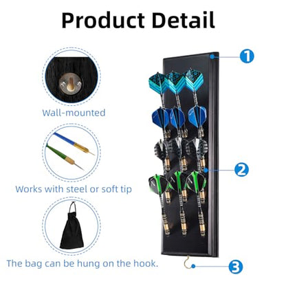 Darts Holder Wall Mount - Solid Wood Dart Display Rack Displays 12 Steel Soft Tip Darts Dart Caddy for Wall with Metal Hook Accessory Storage Bag Organiser Dart Stand for Game Rooms Bars Home Use