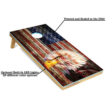 Tailgating Pros Cornhole Boards - 4'x2' Regulation Boards w/Carrying Case, Score Keeper, & Set of 8 Corn Filled Bags w/Tote - size: 4'x2' Boards w/ LED Ring Lights, style: Patriotic Eagle US Flag