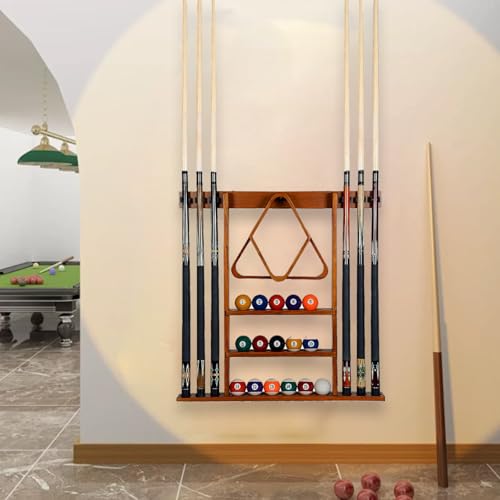 SUPERDIAMOND 6 Holes Wall Mounted Pool Cue Rack, Wood Billiard Stick Holder Holds 6 Cues for Pool Table Accessories, Heavy-Duty Billiards Storage Rack Stand Display for Game Room,Brown - size: 6 Cues, style: SU-wa6-Cue Racks-brown