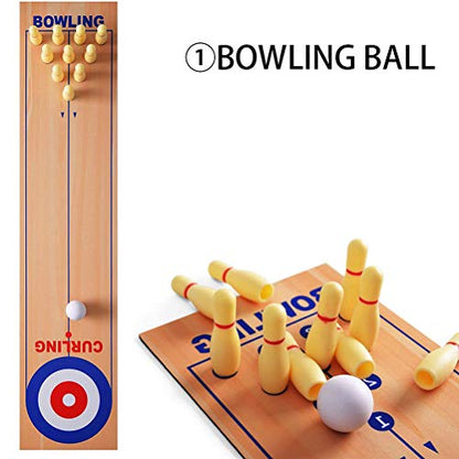 3 in 1 Shuffleboard Bowling Game Table Set for Family | 3 in 1 shuffleboard, bowling & curling set.Smooth playing surface. Quick assembly.Full accessory set.Perfect for home parties