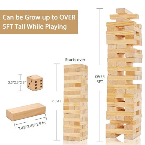 ApudArmis Giant Tumble Tower Stack to Over 5Ft, 56 PCS Pine Wooden Stacking Timber Game with 1 Dice Set - Classic Block Giant Outdoor Game (7.48 * 2.48 * 1.5In Each Block) - color: Burlywood, size: XL-Over 5FT