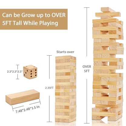 ApudArmis Giant Tumble Tower Stack to Over 5Ft, 56 PCS Pine Wooden Stacking Timber Game with 1 Dice Set - Classic Block Giant Outdoor Game (7.48 * 2.48 * 1.5In Each Block) - color: Burlywood, size: XL-Over 5FT